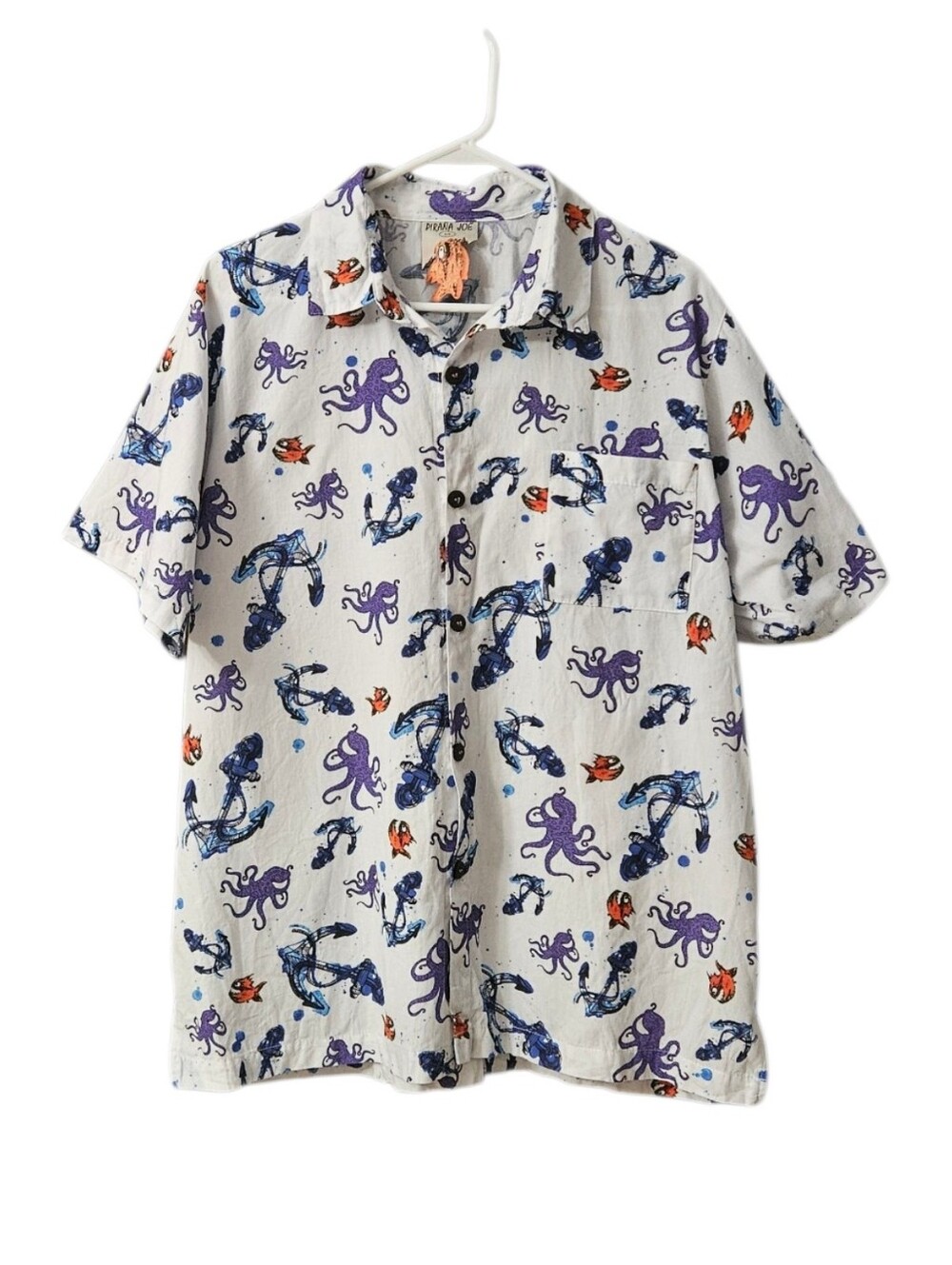 Pirana Joe Octopus & Anchor Print Button Up Shirt Men's Large Short Sleeve
